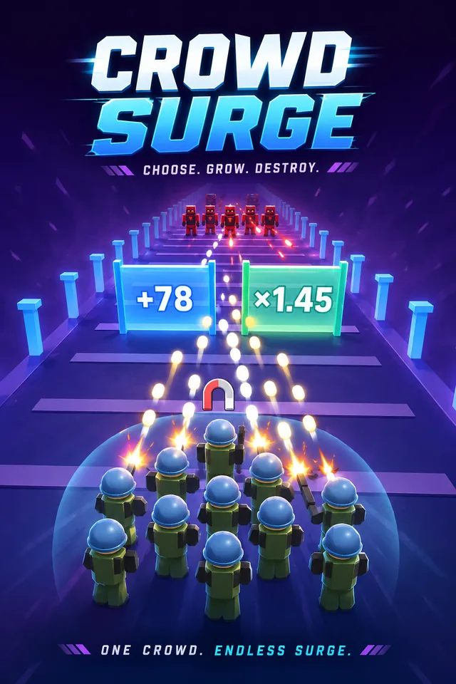 Crowd Surge key art: a squad of blue-helmet troopers charging a neon gate corridor